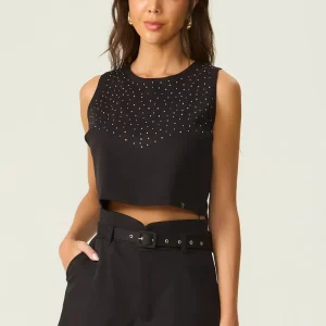 Blusa cropped com aplicação preta Fato Básico
