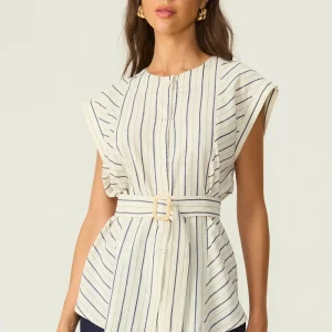 Camisa listrada com cinto natural Fato Básico