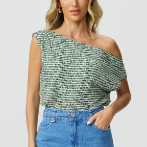 Blusa estampada ombro assimétrico verde Fato Básico