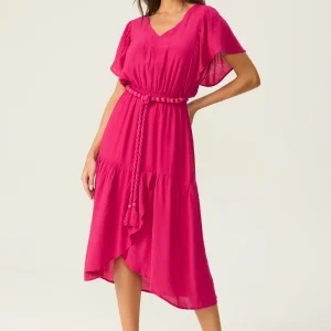 Vestido mídi decote V rosa Fato Básico